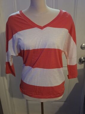 Aeropostale Red and White Striped V-Neck Long Sleeve Tee